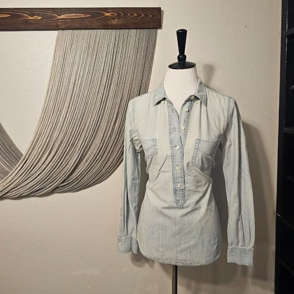 J. Crew Half Button Chambray Top Sz S